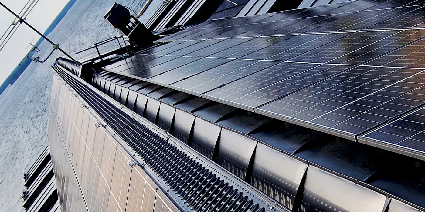 Drone view of a rooftop solar installation in Luleå